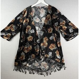 SJS Kimono Womens Sz 1X Black Burnout Velvet Fringe Boho Fairygrunge Whimsigoth